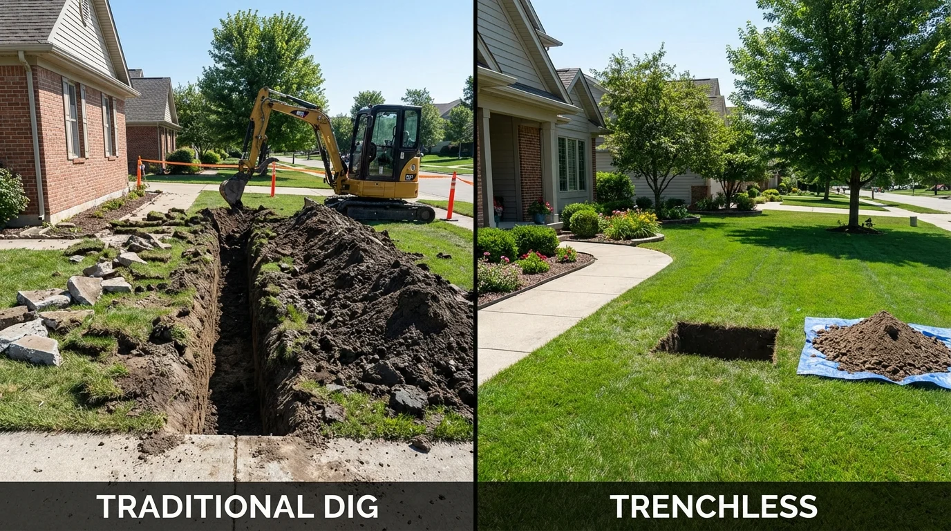 Trenchless sewer repair with minimal yard damage versus traditional excavation in Johnson, VT