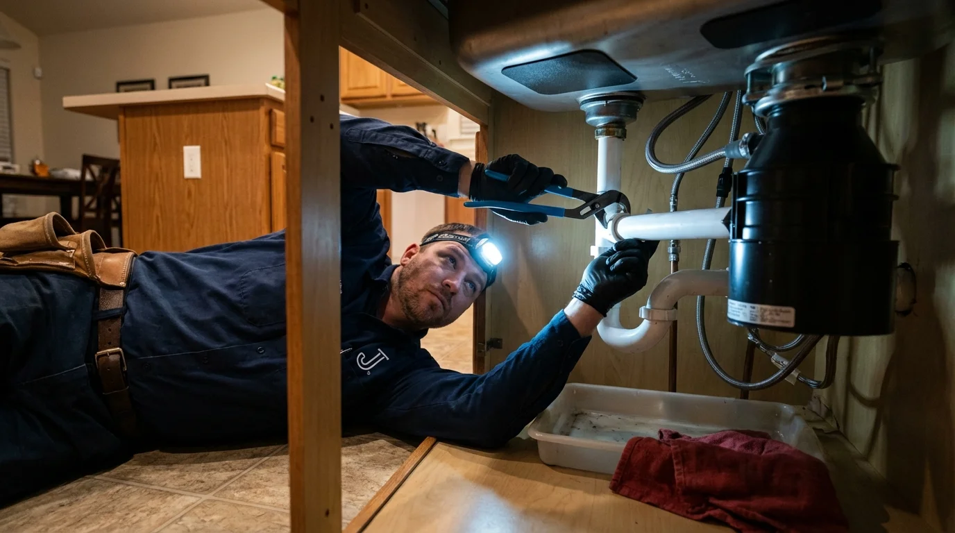 P-trap and supply line connections under a kitchen sink showing a common leak point in Johnson, VT